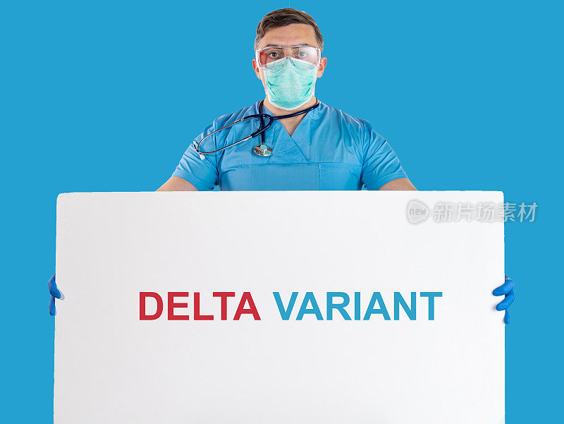 戴着防护口罩的年轻男医生肖像，旁边是DELTA VARIANT (SARS-COV-2 DELTA VARIANT)文本，白色背景